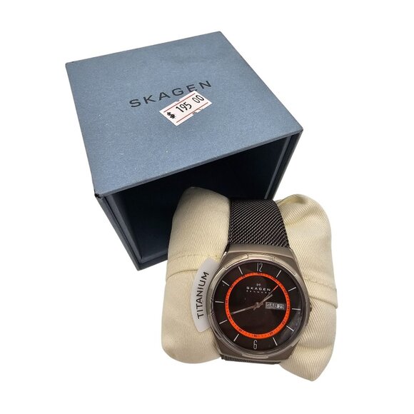 Skagen Men's Melbye Three-Hand Day Date Charcoal Gray Titanium Mesh Band Watch - Picture 1 of 5